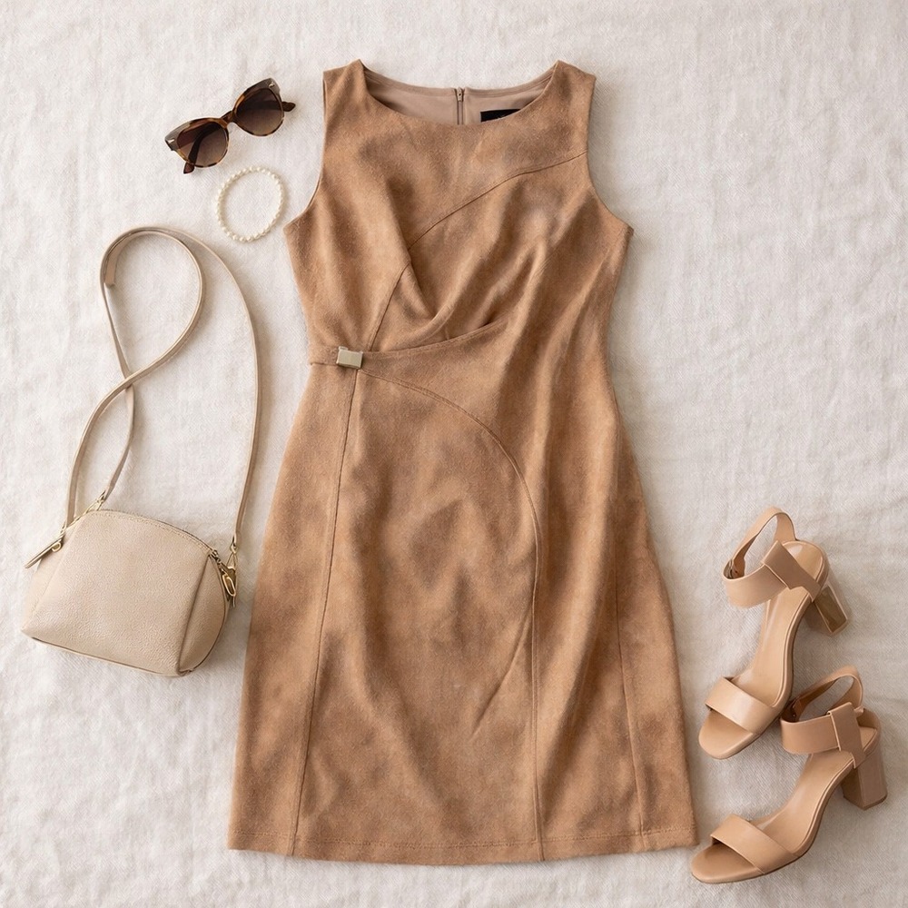 En Focus Studio Womens Camel Tan Faux Suede Asymmetrical Sheath Dress 10 18345